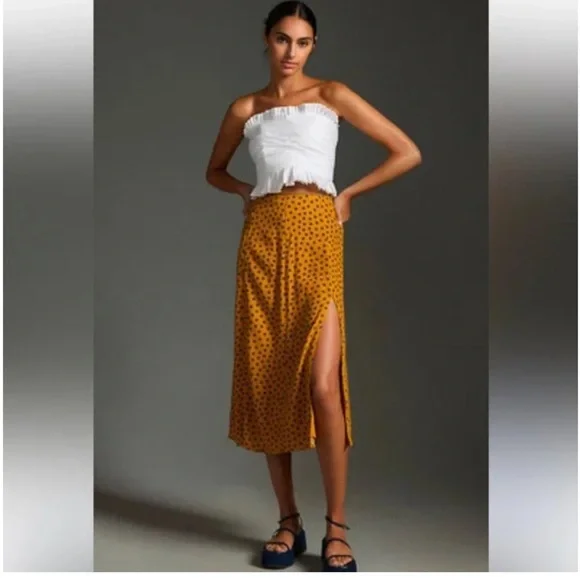 Anthropologie Maeve NWT Polka Dot Midi Skirt - Mustard Size 4 - Picture 1 of 6